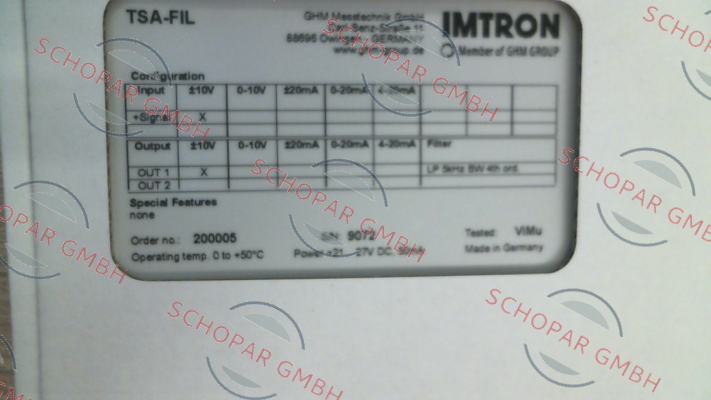 Imtron-P/N: 200005 , Type: TSA-FIL1-V1-5K-BW-V1