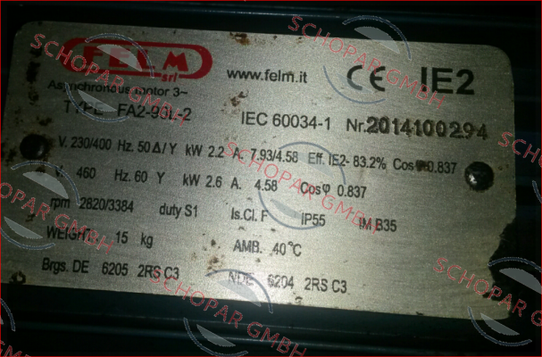 Felm-2014100294 - obsolete, replaced by - 2,2 kW, 2P, 230/400V/50Hz, IP55/IC411, F/B, IM B35, AL, IE2  