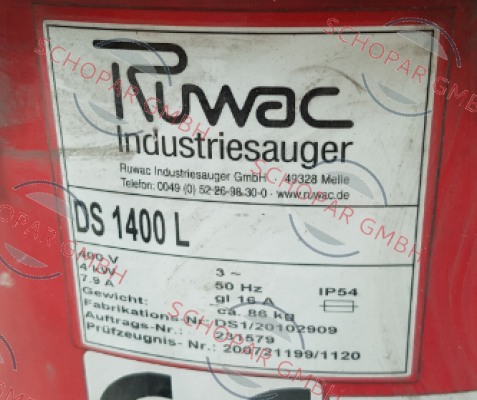 Ruwac-filter for DS 1400 L 