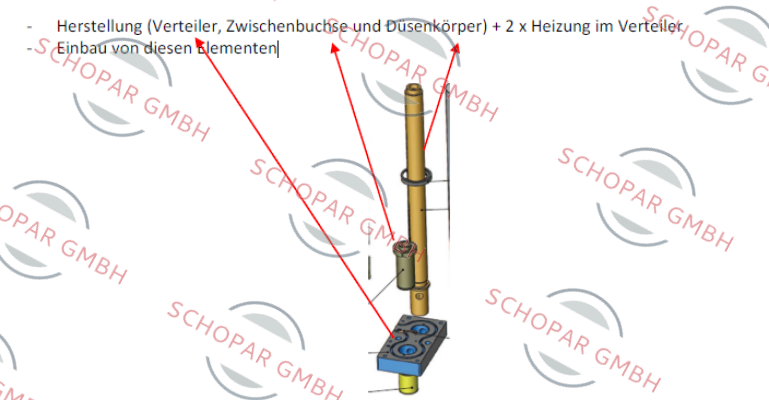 RUNIPSYS-Erbringung von einem kompletten Düsenkörper zusammen mit dem Verteiler und der Zwischenbuchse, ohne Düsenspitze und Mundstück.