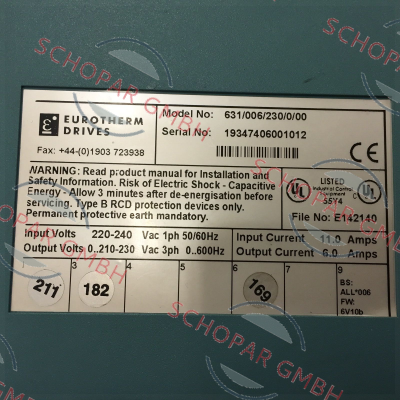 Eurotherm-631/006/230/0/00 Serial No: 19347406001012