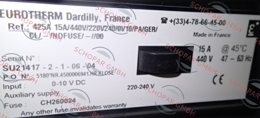 Eurotherm-425A 15A/440V/220V240//0V10/PA/GER Replaced by MODEL (EFIT) Single Phase Power Controller