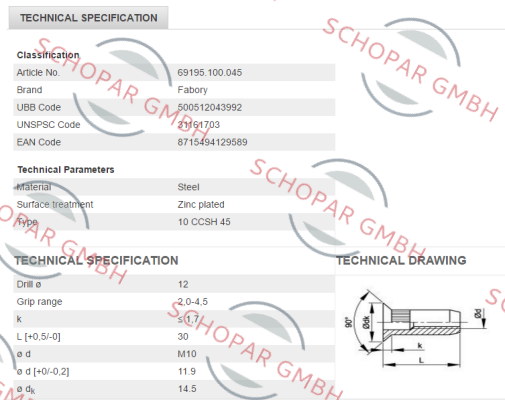 Fabory-69195.100.045 (pack 1x250) 