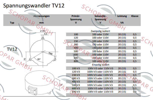 Revalco-TV12, 690/100V Kl.0,5 20VA 