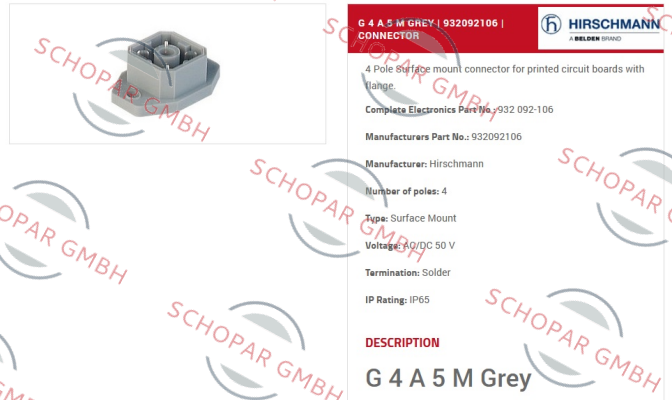 Belden (Lumberg / Hirschmann)-P/N: 932092106, Type: G 4 A 5 M grey